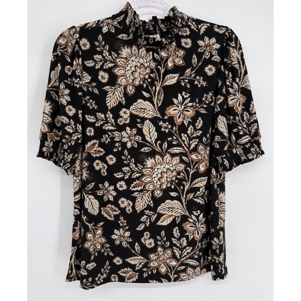 Anne Klein Womens Floral Mock Neck Elbow Sleeve Knit Blouse Black Tan Sz M